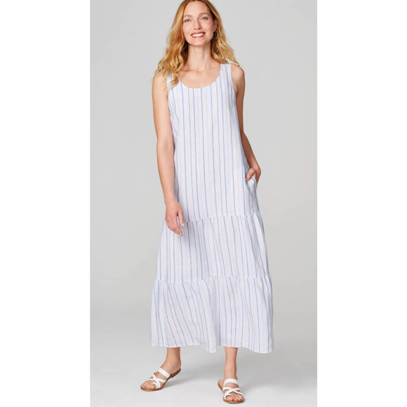 J. Jill Love Linen Sleeveless Tiered Maxi Dress Medium Petite Coastal Beach - Picture 1 of 16
